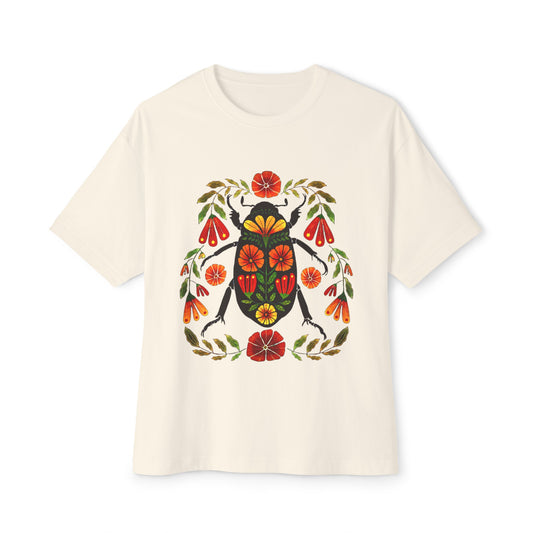 Colorful Floral Beetle Print Unisex Black Oversized T-Shirt