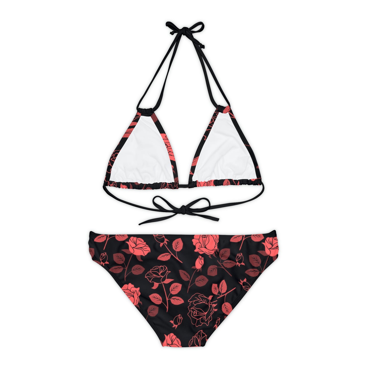 Red Black Floral Strappy Bikini Set