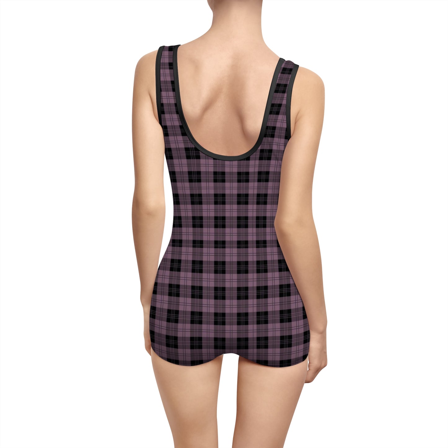 Black and Pink Plaid Vintage Style One Piece Swimsuit