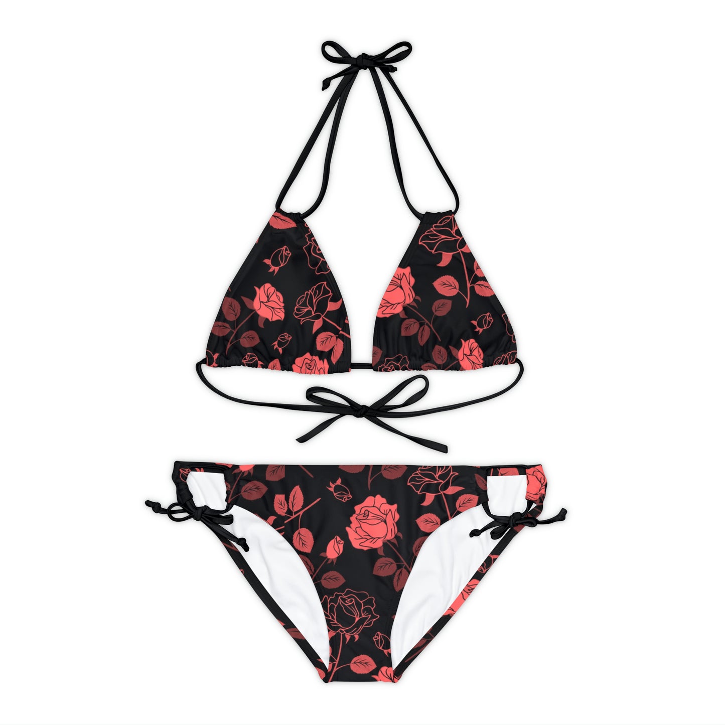 Red Black Floral Strappy Bikini Set