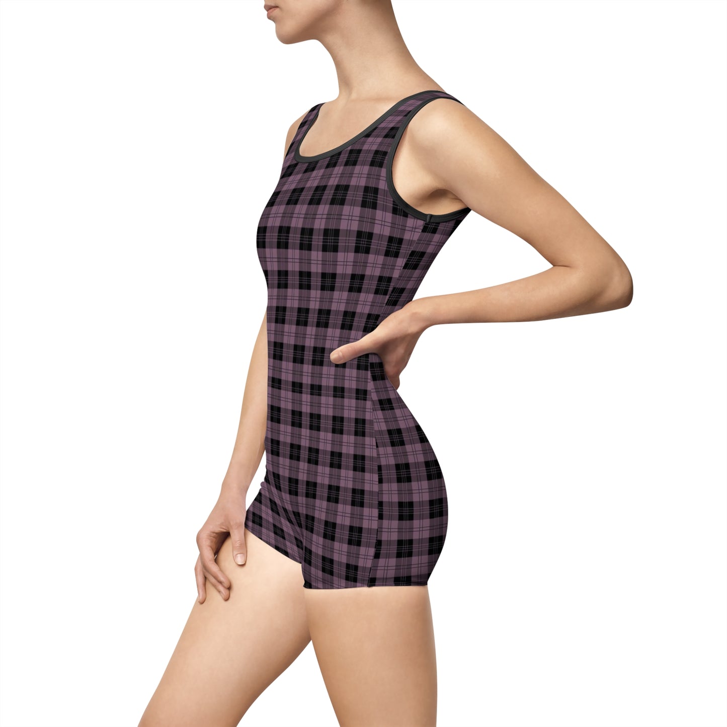 Black and Pink Plaid Vintage Style One Piece Swimsuit