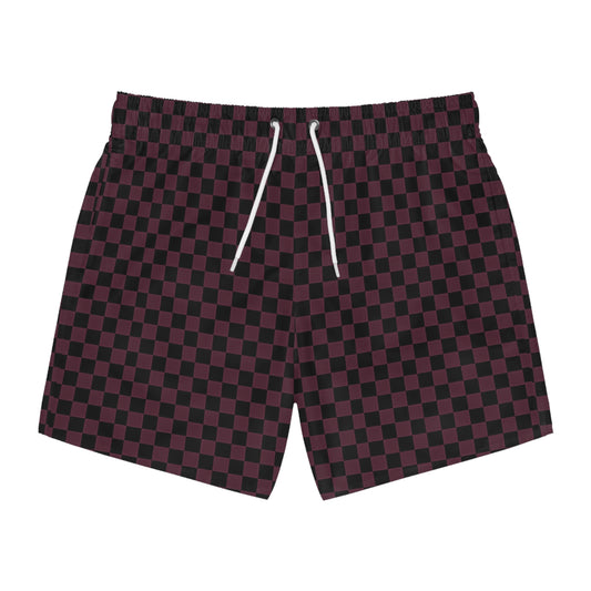 Retro Dark Burgundy Checkered Swim Trunks