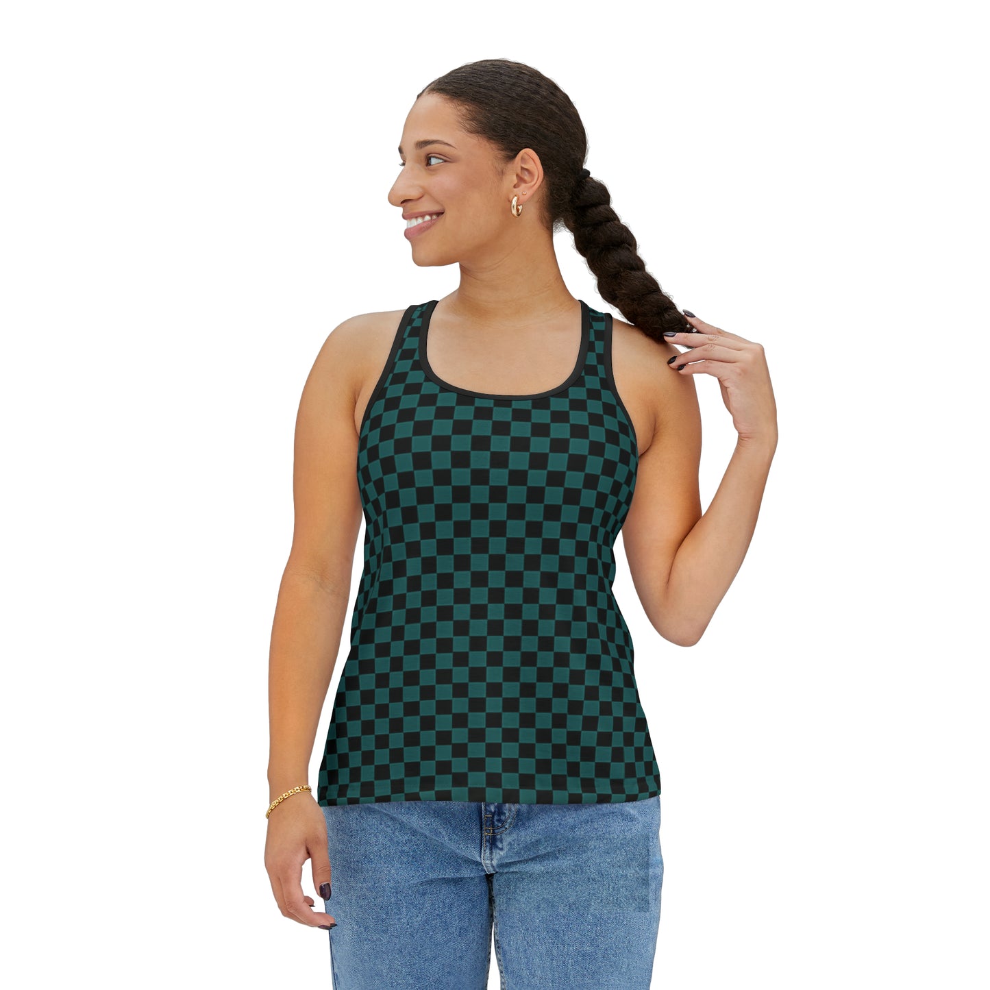 Women's Teal Black Checkered Tank Top