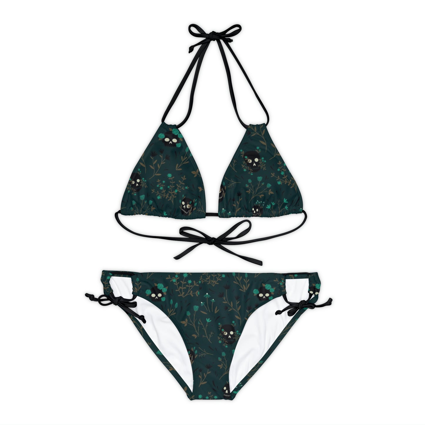 Dark Green Skull Floral Soft Goth Forrest Green Strappy Bikini Set