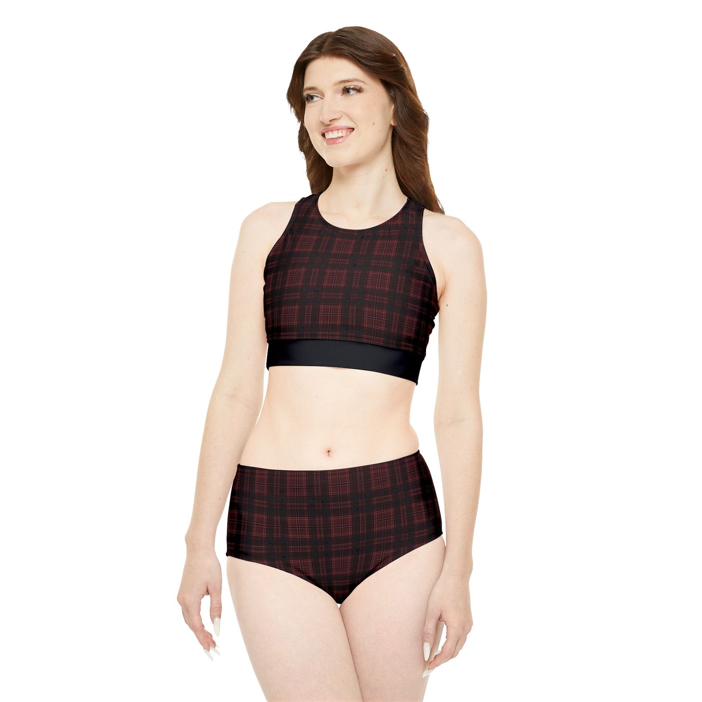 Dark Burgundy Plaid Sporty Bikini Set