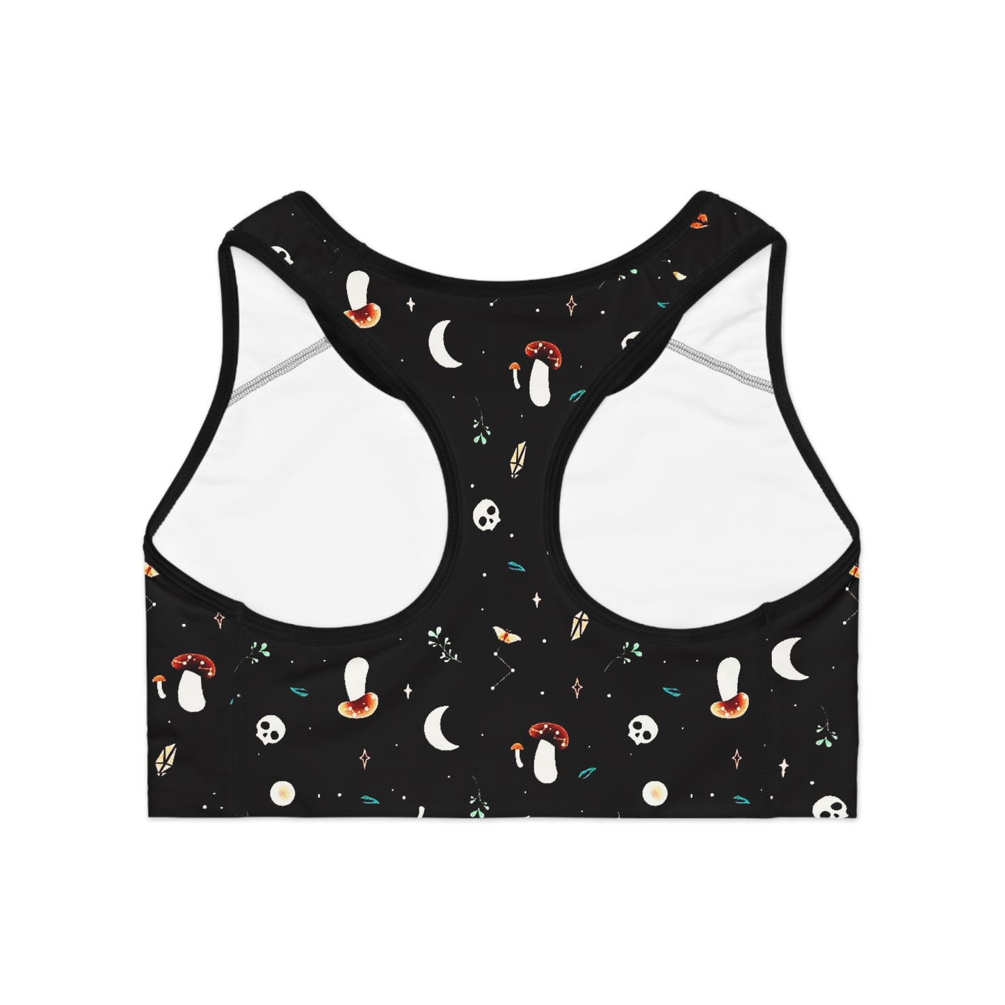 Skull and Mushroom Whimsical Themed Black Sports Bra