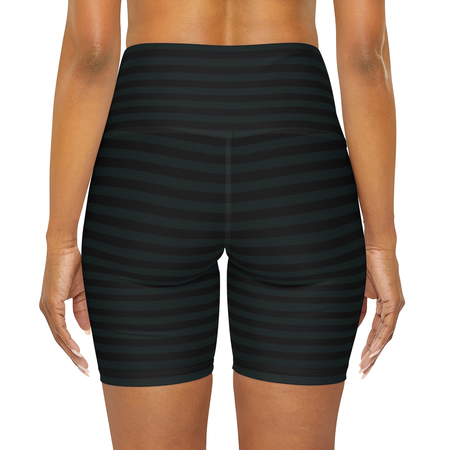 High-Waisted Yoga Biker Shorts in Dark Green and Black Stripes