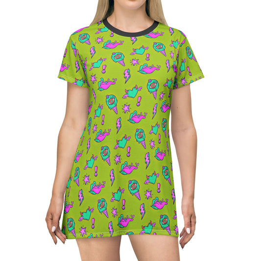 Y2K T-Shirt Dress | Neon Green Trippy Art