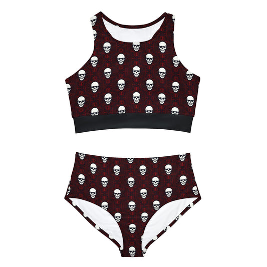 Sporty Red and Black Skull Pattern Sporty Bikini Set