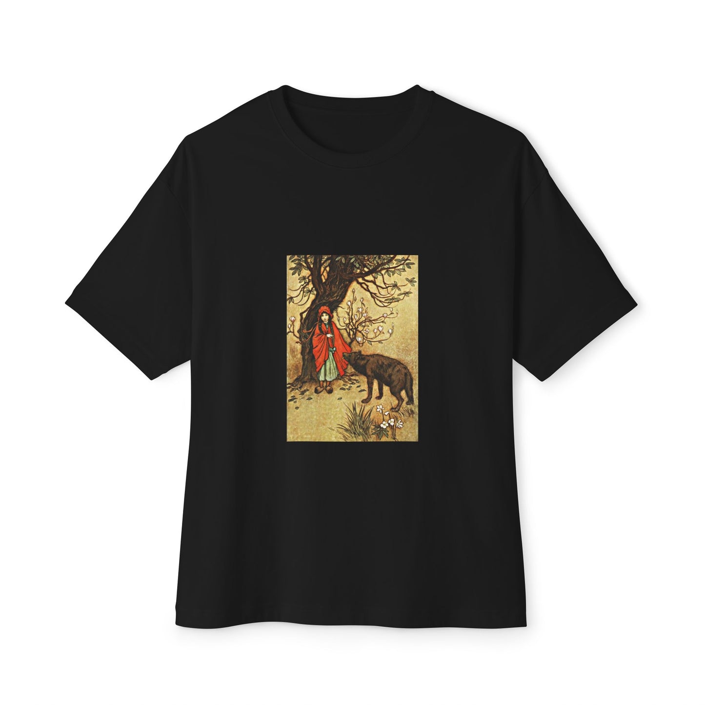 Red Ridding Hood Vintage Art Unisex Black Oversized T-Shirt