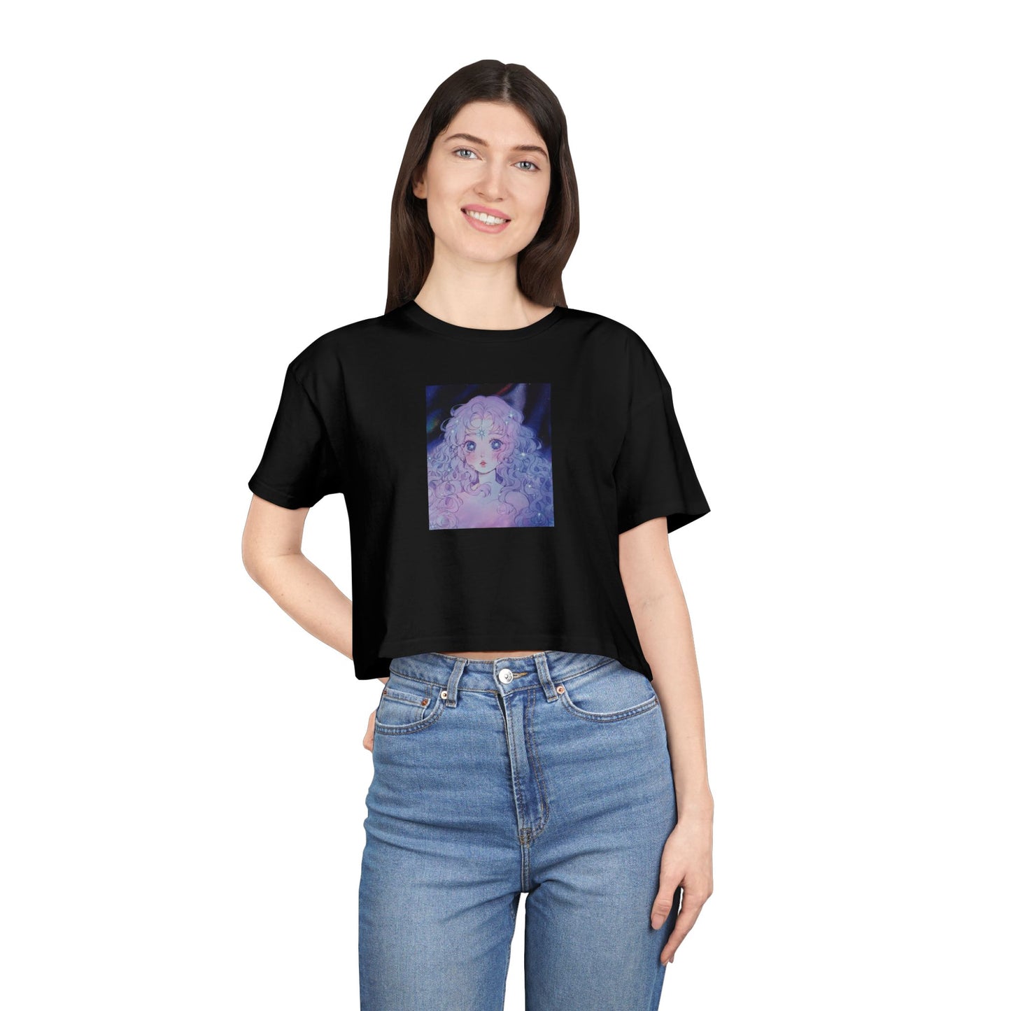 Purple Anime Girl Women's Black Cropped Tee