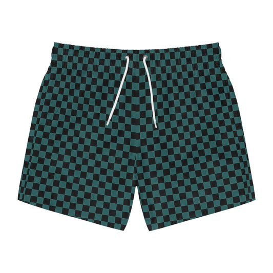 Y2K Retro Dark Blue Checkered Swim Trunks