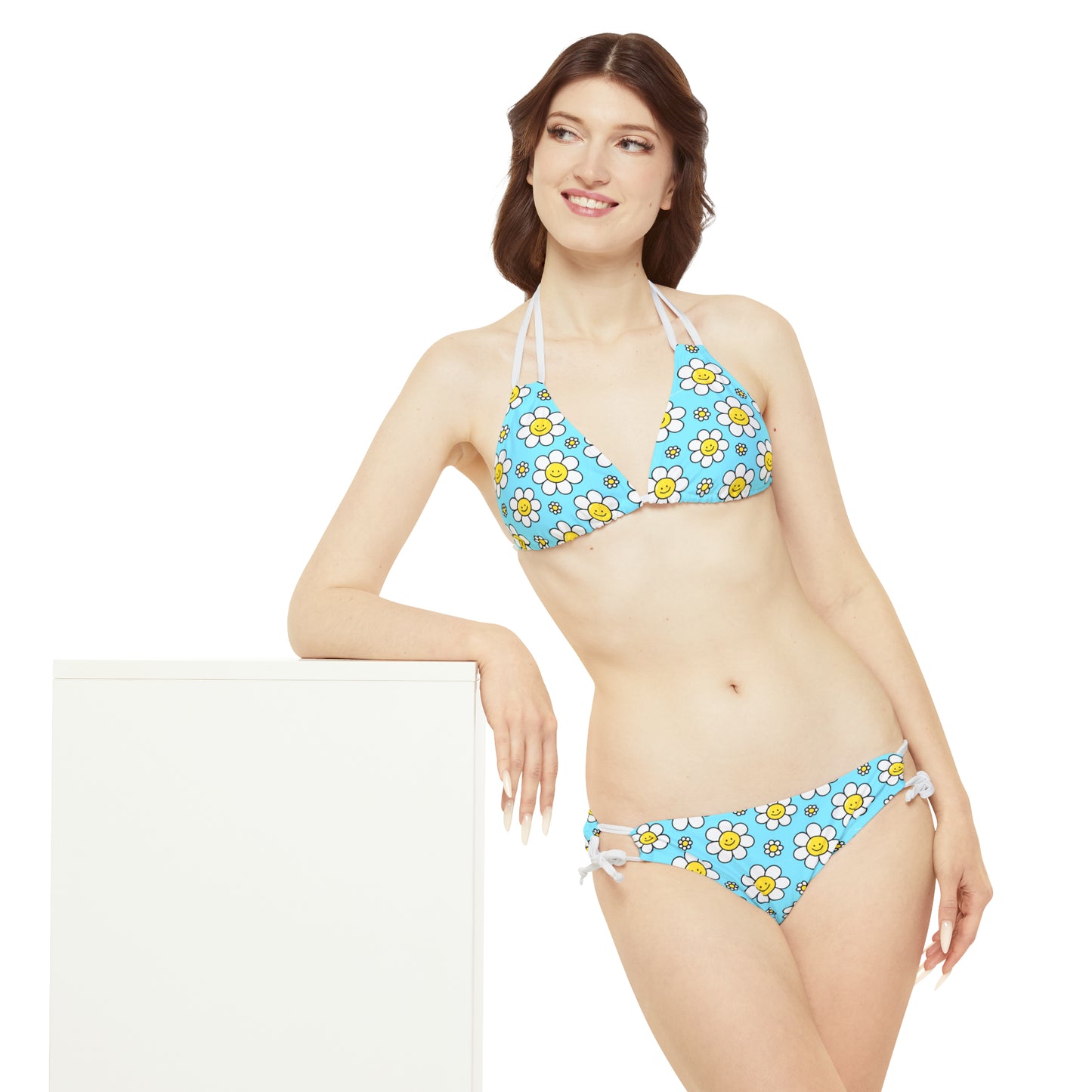 Y2K Pastel Blue Daisy Retro Strappy Bikini Set