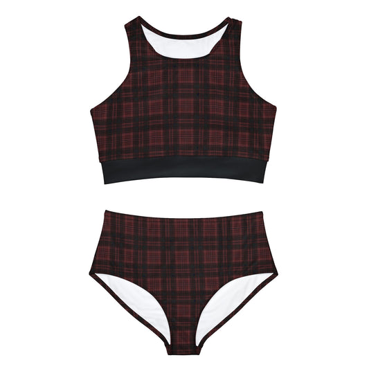 Dark Burgundy Plaid Sporty Bikini Set