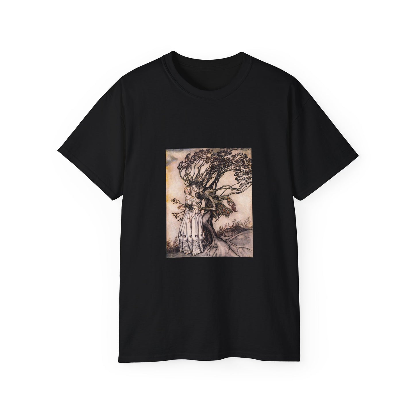 Vintage Fairytale Art Whale Unisex Ultra Cotton Black T-Shirt | Arthur Rackham Little Brother and Little Sister 1917