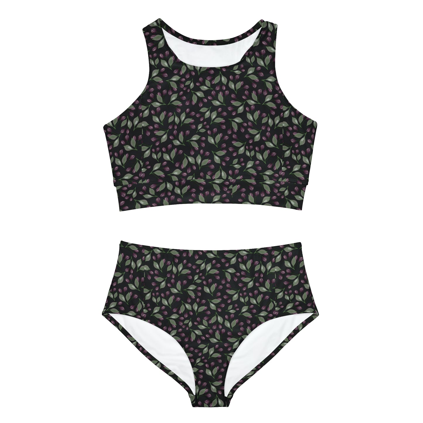 Black and Burgundy Floral Sporty Bikini Set