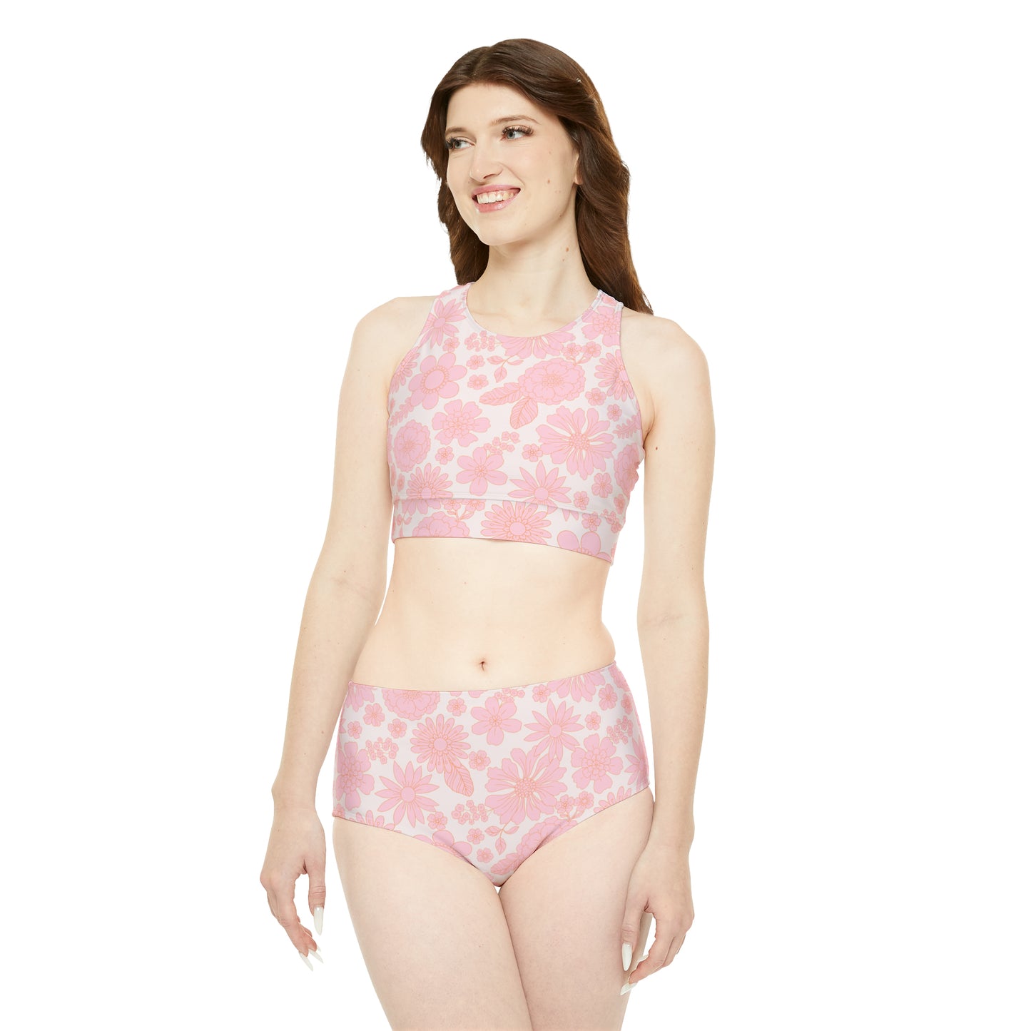 Girly Pastel Pink Kawaii Floral Retro Sporty Bikini Set