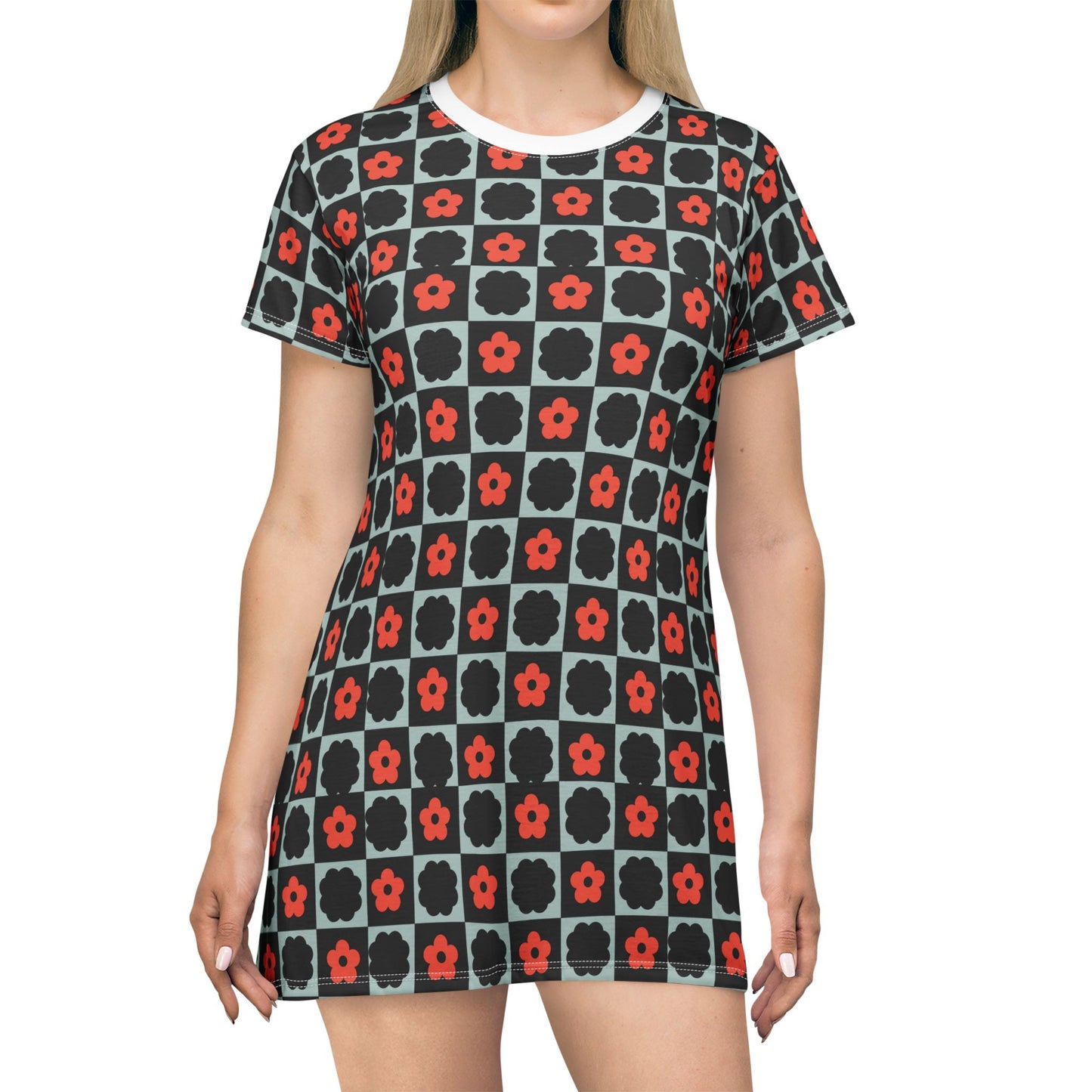 Teal Red Black Retro Plaid Y2K T-Shirt Dress