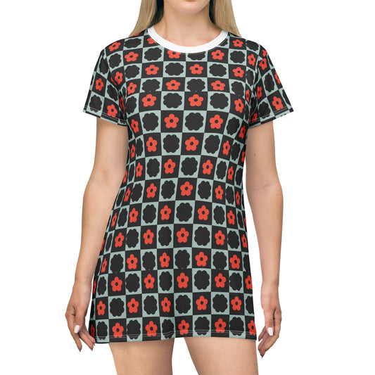 Teal Red Black Retro Plaid Y2K T-Shirt Dress