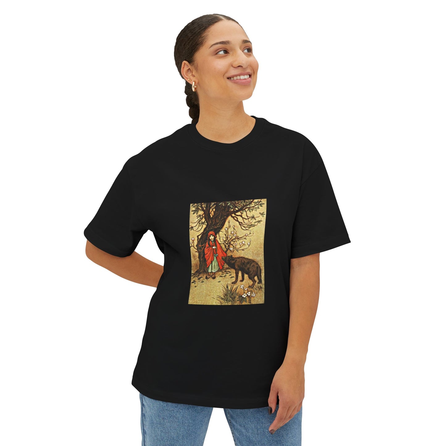 Red Ridding Hood Vintage Art Unisex Black Oversized T-Shirt