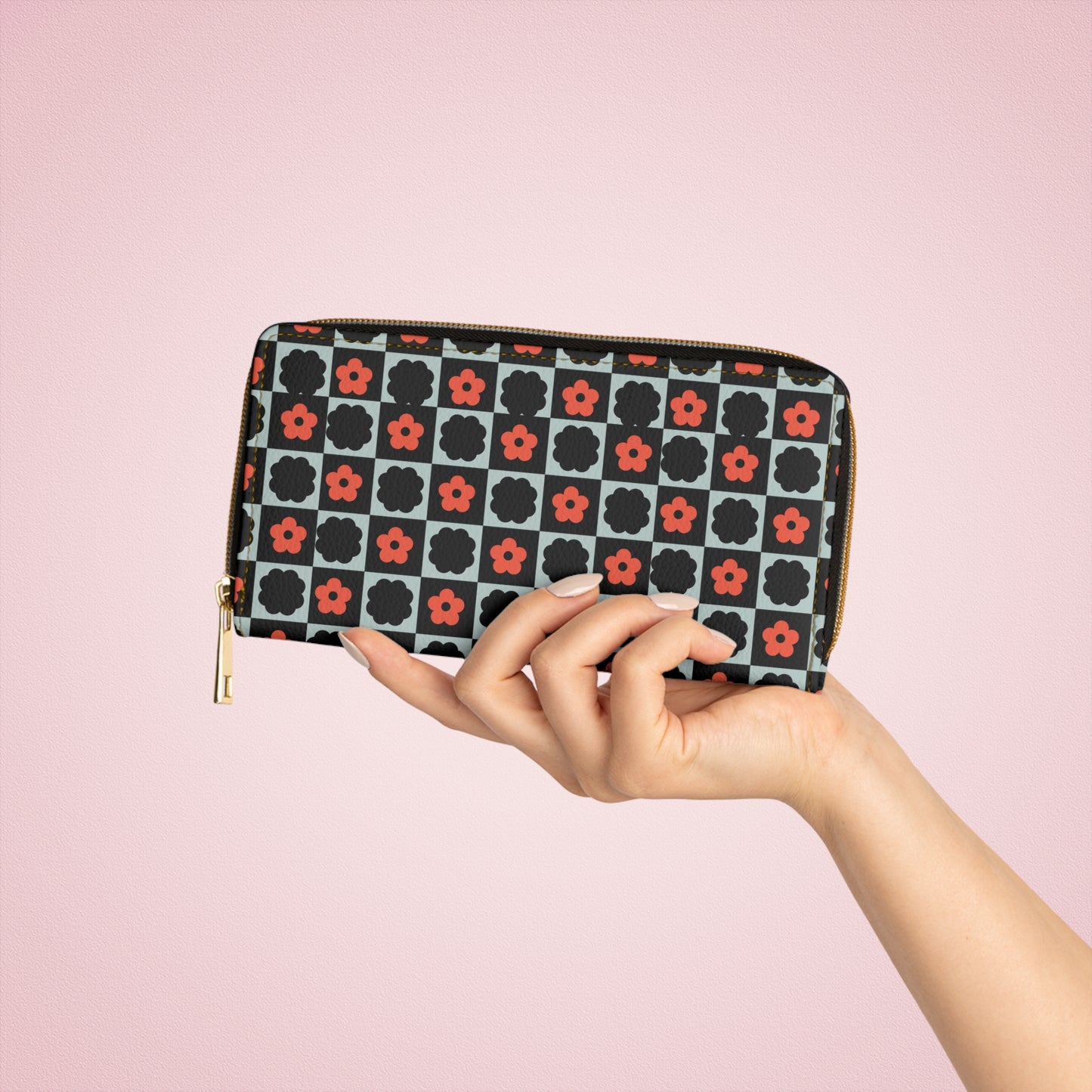 Zipper Wallet - Flower Retro Checkered