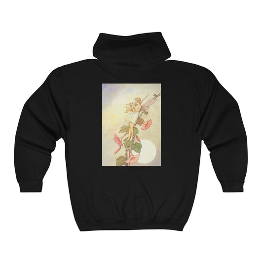 Flower Flute Fairy Vintage Fairytale Art Unisex Heavy Blend™ Full Zip Hooded Sweatshirt Black