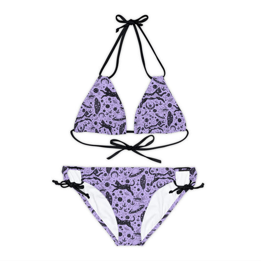 Black Cat Witchy Vibes Pastel Purple Strappy Bikini Set