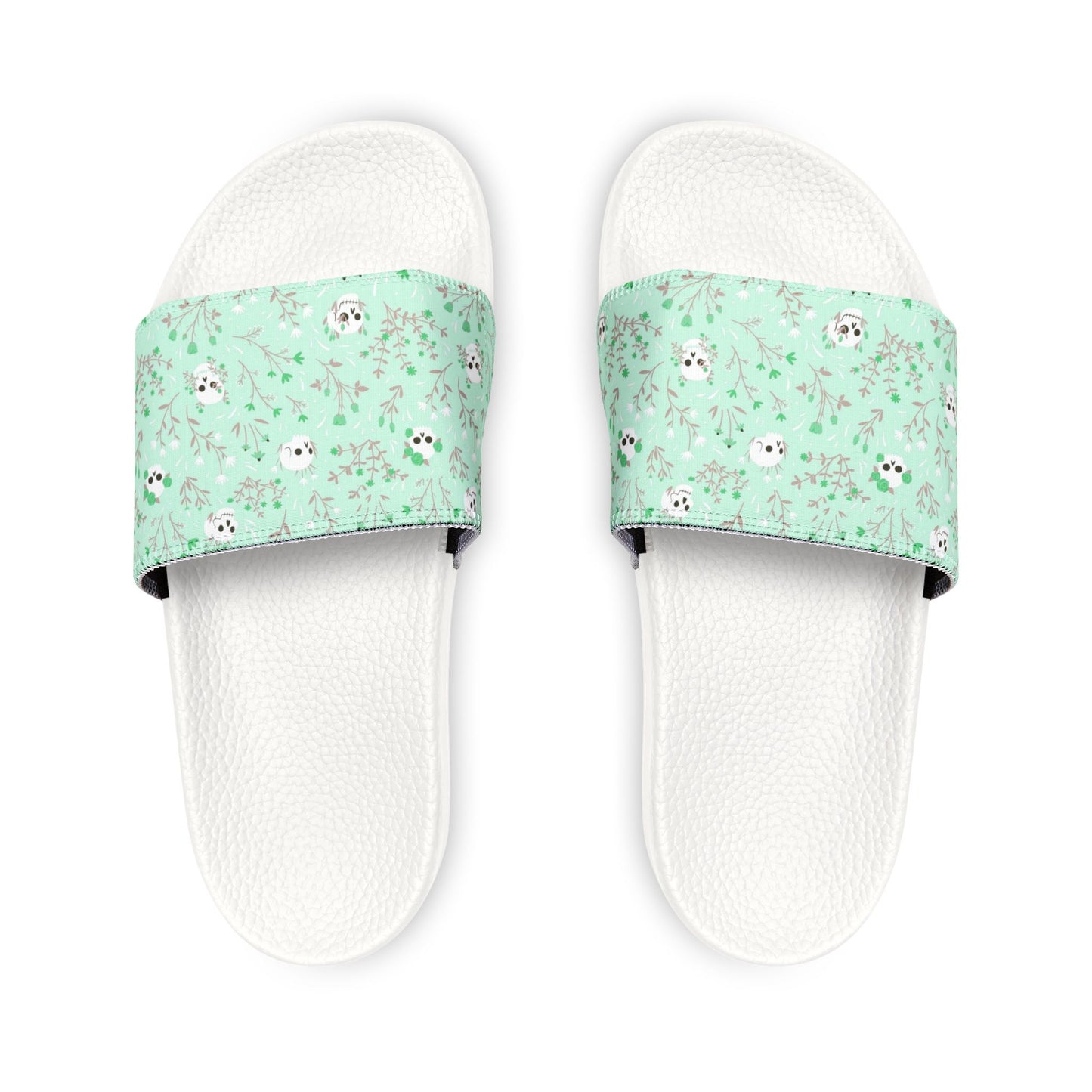 Kawaii Floral Skulls Women's Pastel Green Slide Sandals