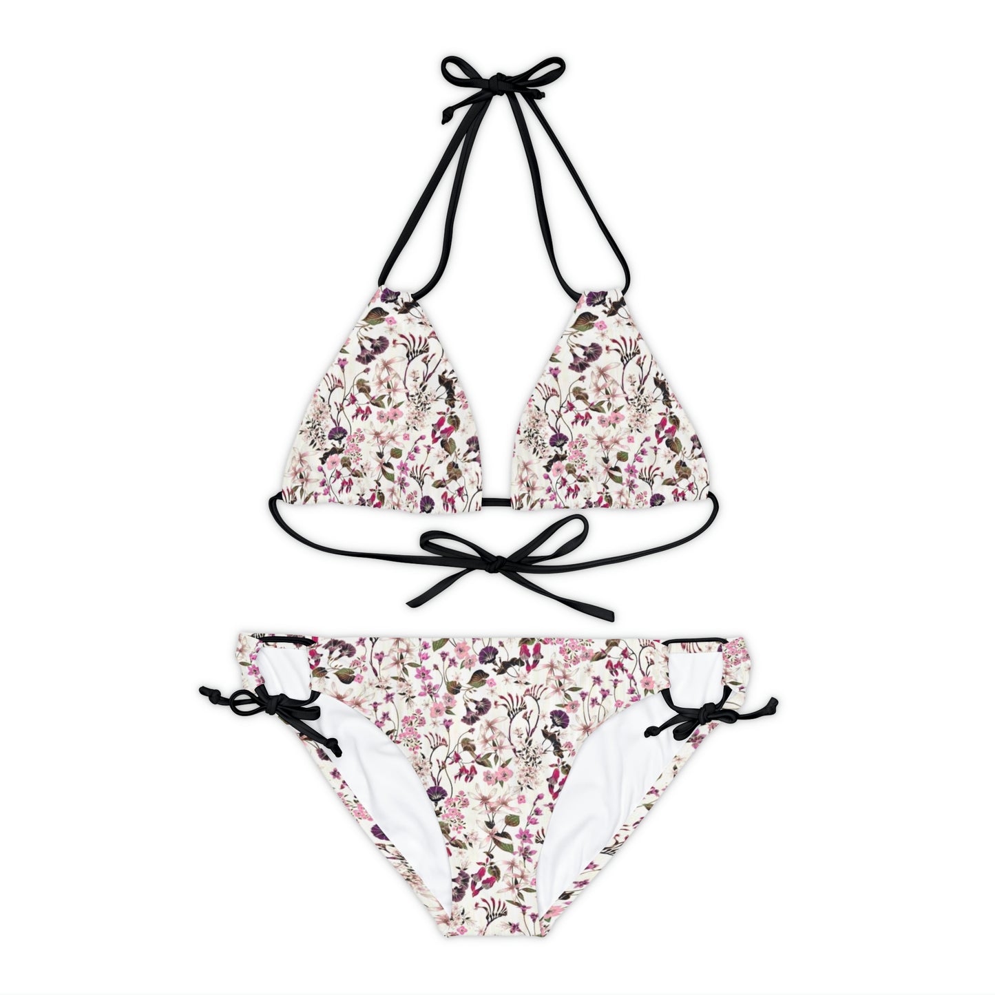 White Pink Vintage Floral Strappy Bikini Set