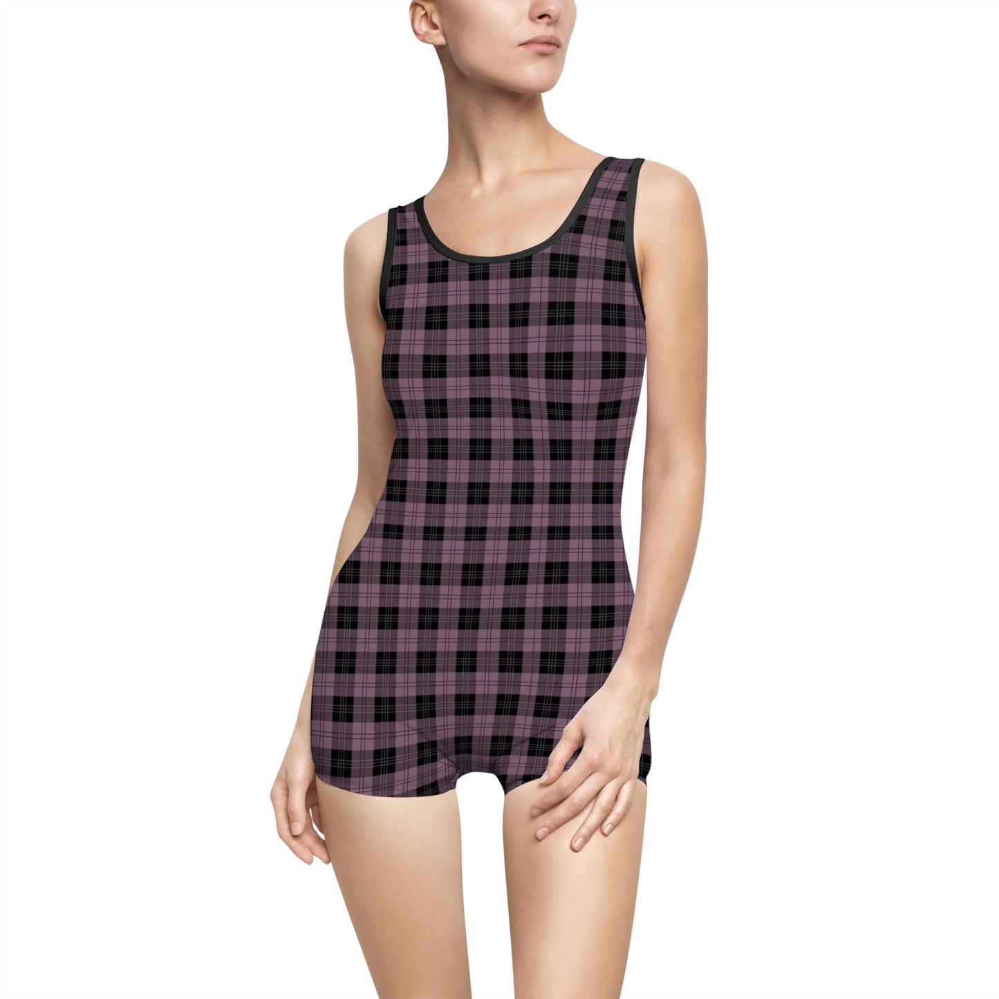 Black and Pink Plaid Vintage Style One Piece Swimsuit