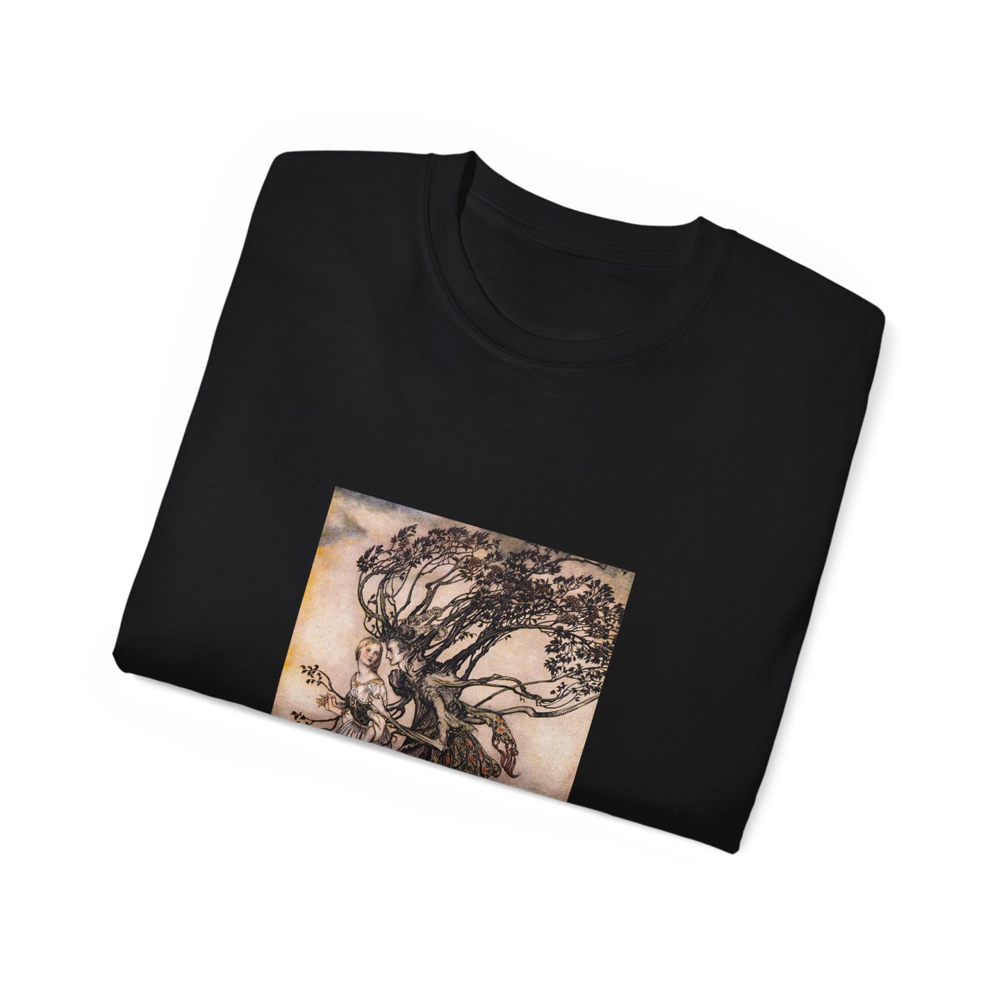 Vintage Fairytale Art Whale Unisex Ultra Cotton Black T-Shirt | Arthur Rackham Little Brother and Little Sister 1917