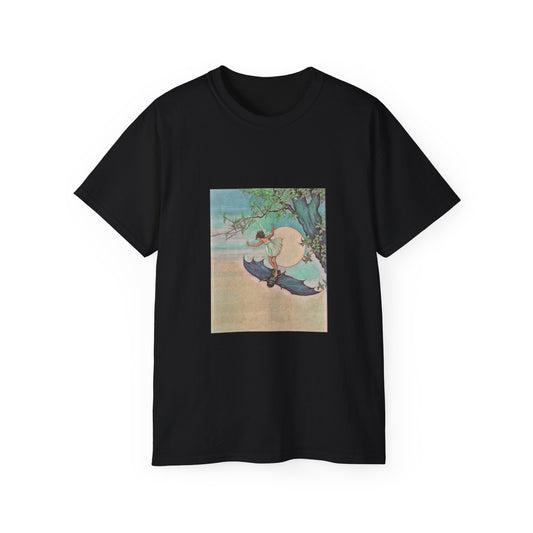 Colorful Vintage Art Unisex Ultra Cotton Black T-Shirt | Fairy Riding a Bat (1921) by Ida Rentoul Outhwaite