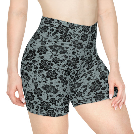 Light Blue and Black Floral Women's Biker Shorts