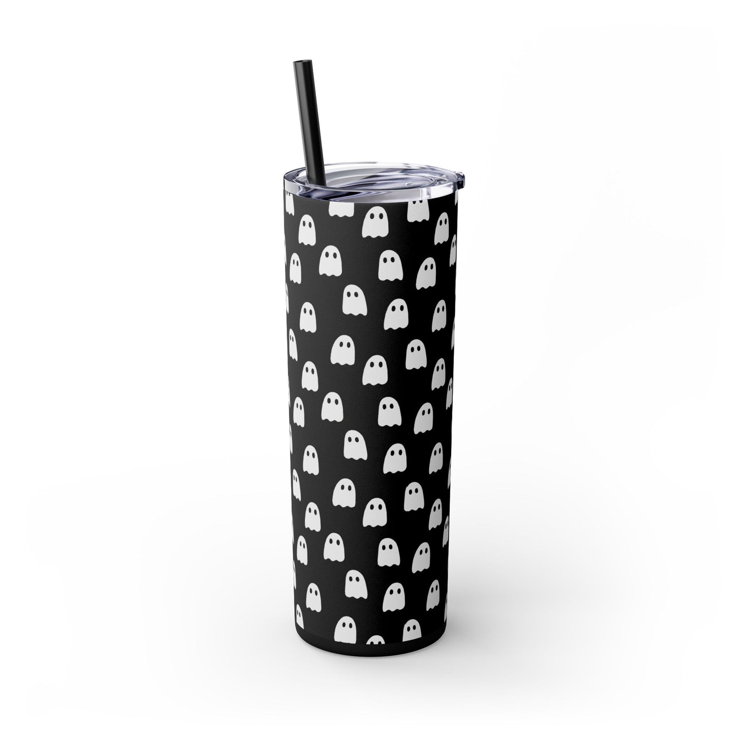 Spooky Ghosts Black Skinny Tumbler with Straw, 20oz