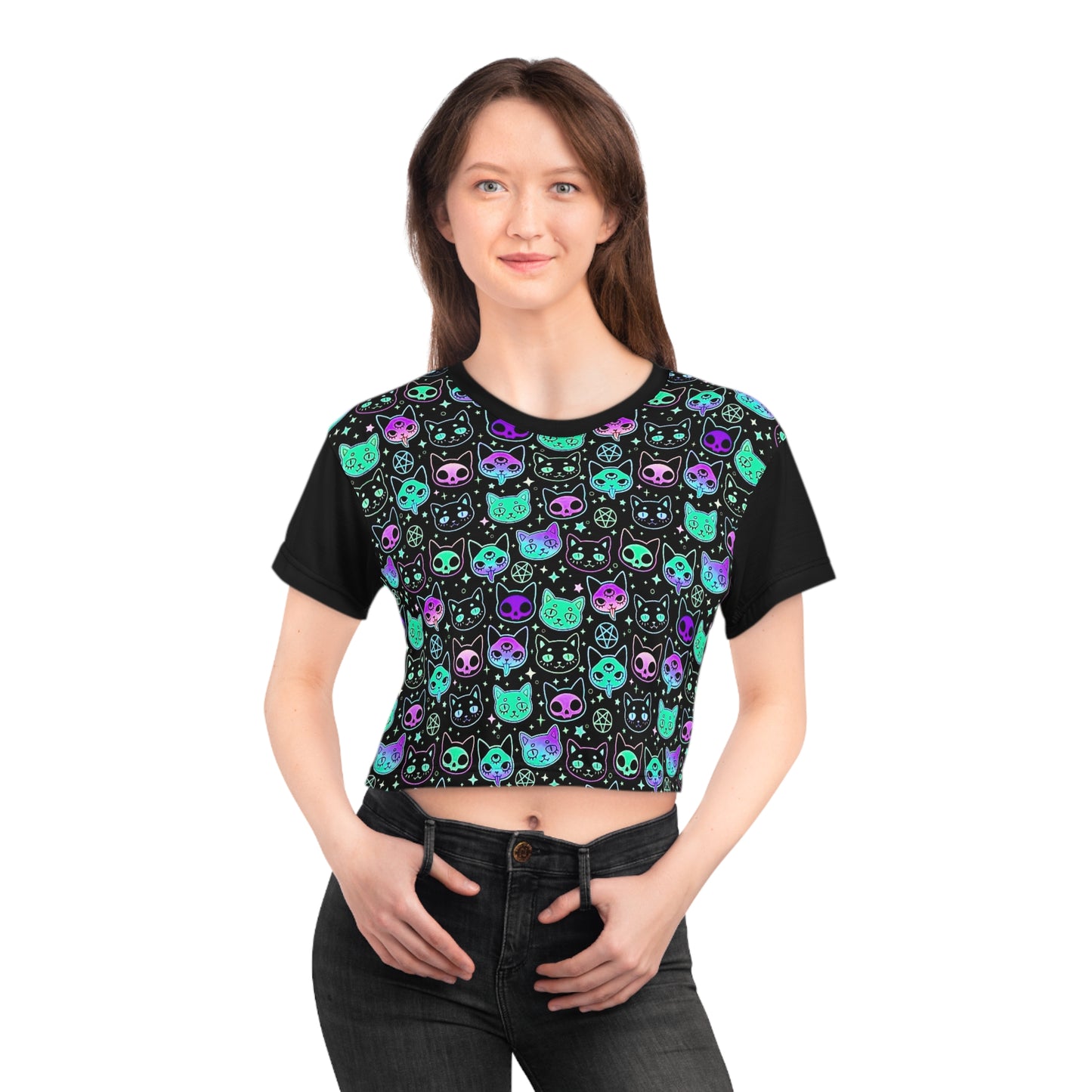 Neon Celestial Cat Pattern Women's Black Crop Tee