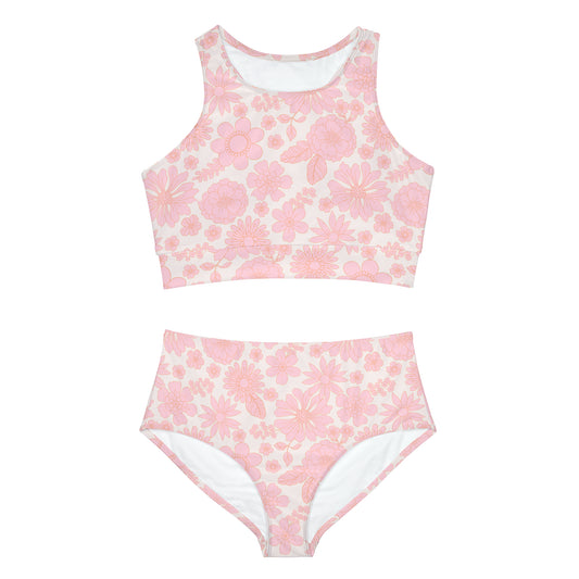 Girly Pastel Pink Kawaii Floral Retro Sporty Bikini Set