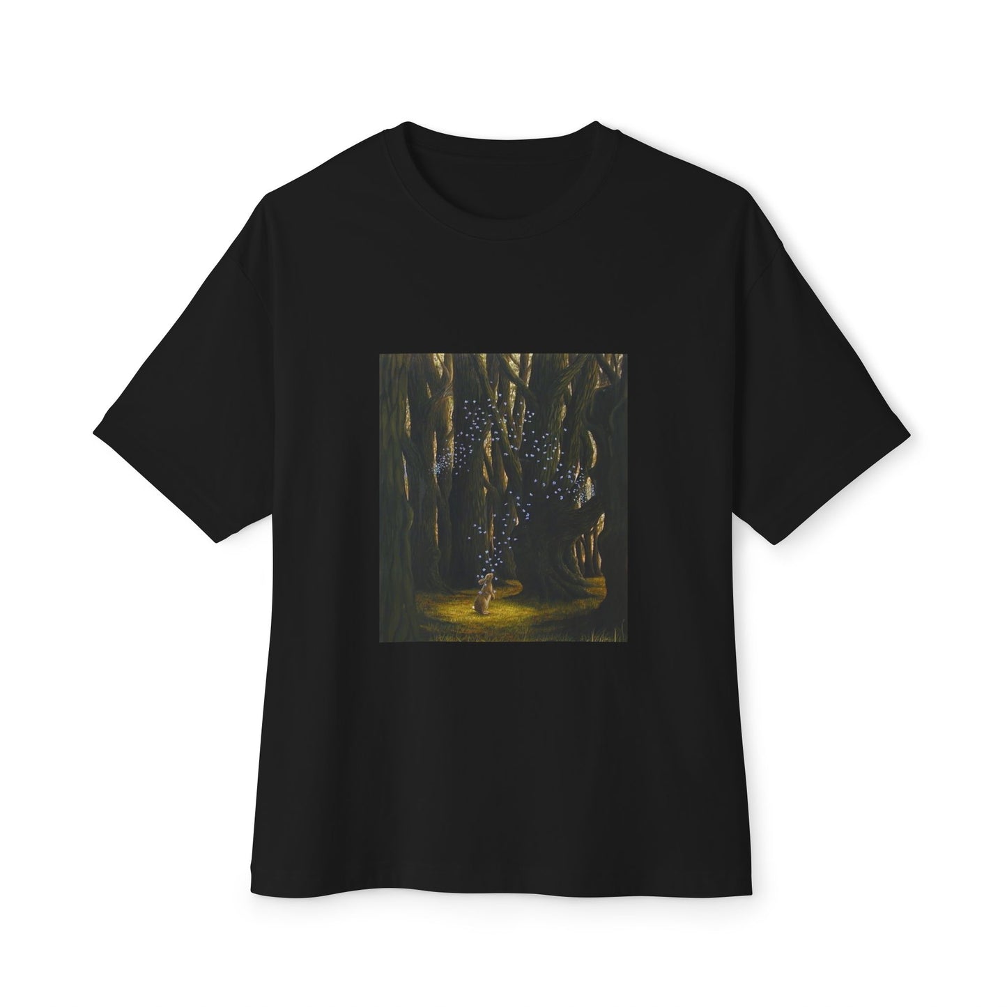 Bunny and Butterflies Art Unisex Black Oversized T-Shirt