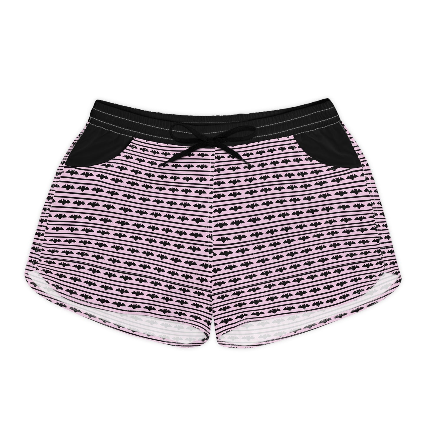 Striped Pastel Pink Women's Black Casual Shorts with Bats