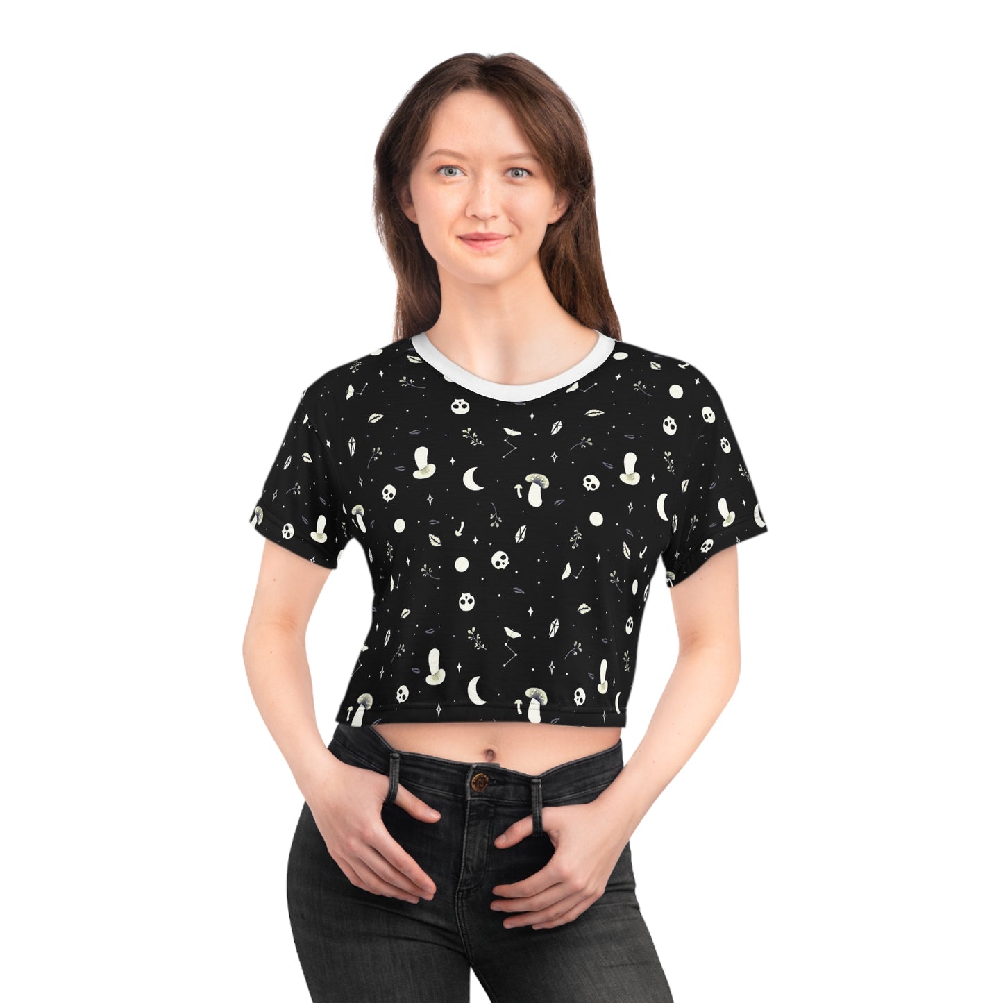 Whimsical Goth Retro Y2K White Crop Tee