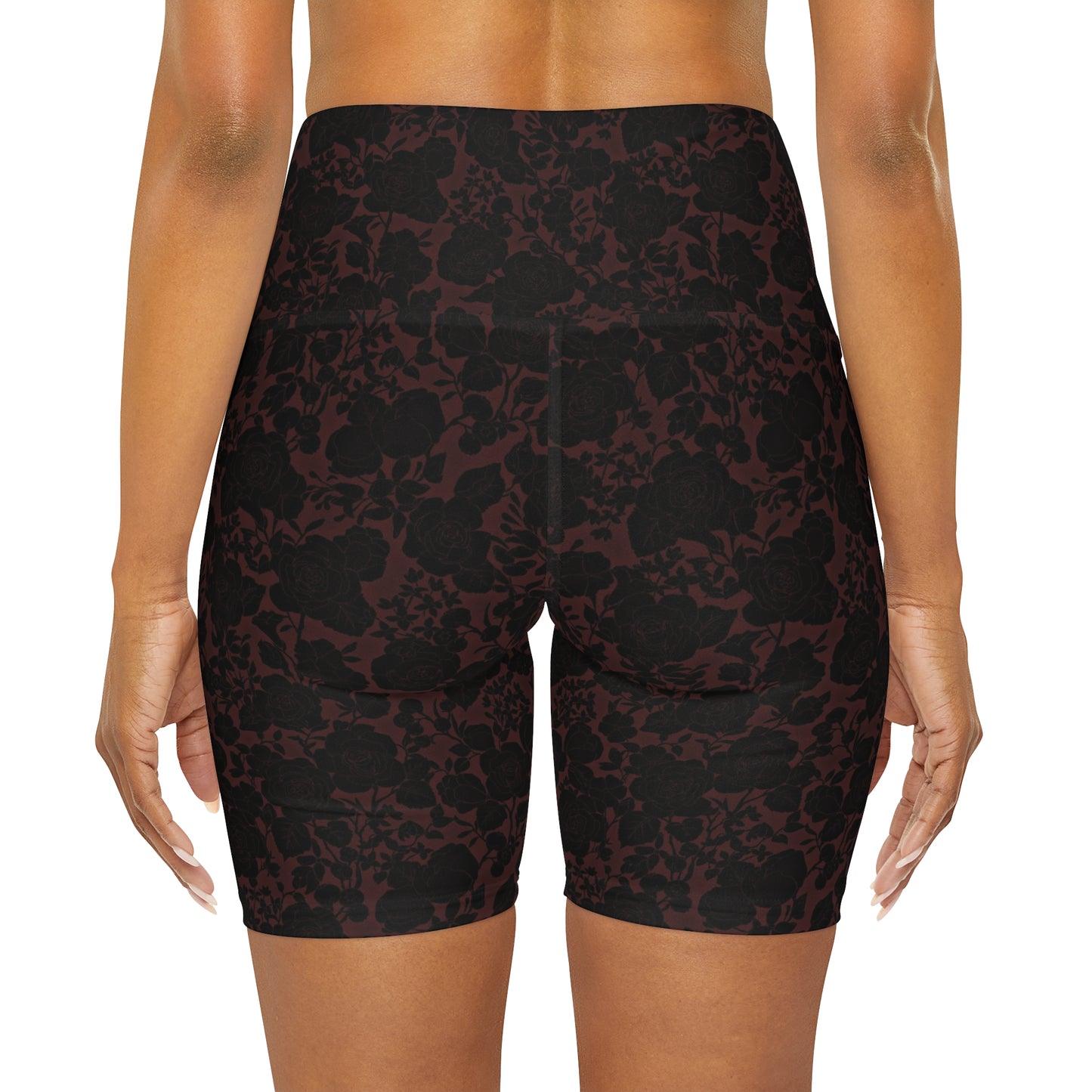 Dark Deep Red Black Floral High Waisted Yoga Biker Shorts