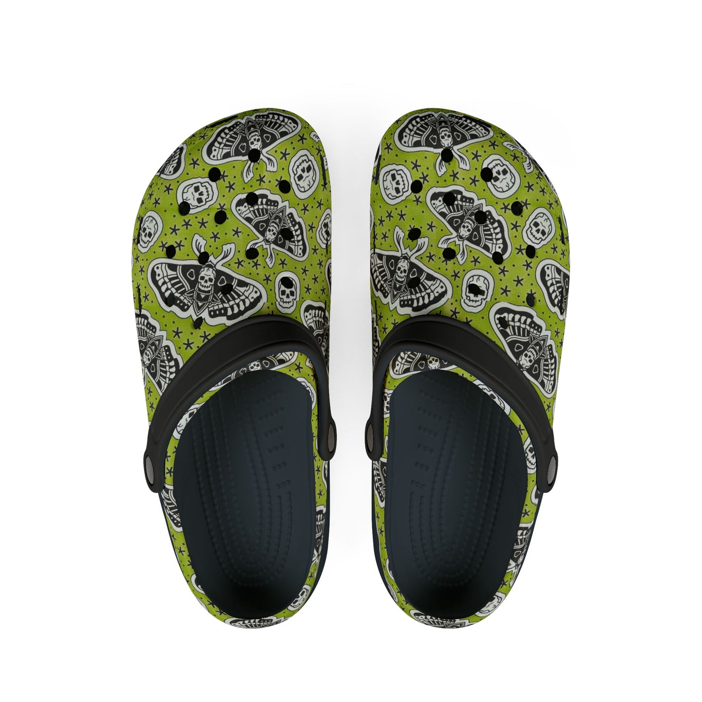 Moth Skull Lime Green Clog-Style Foam Rubber Shoes