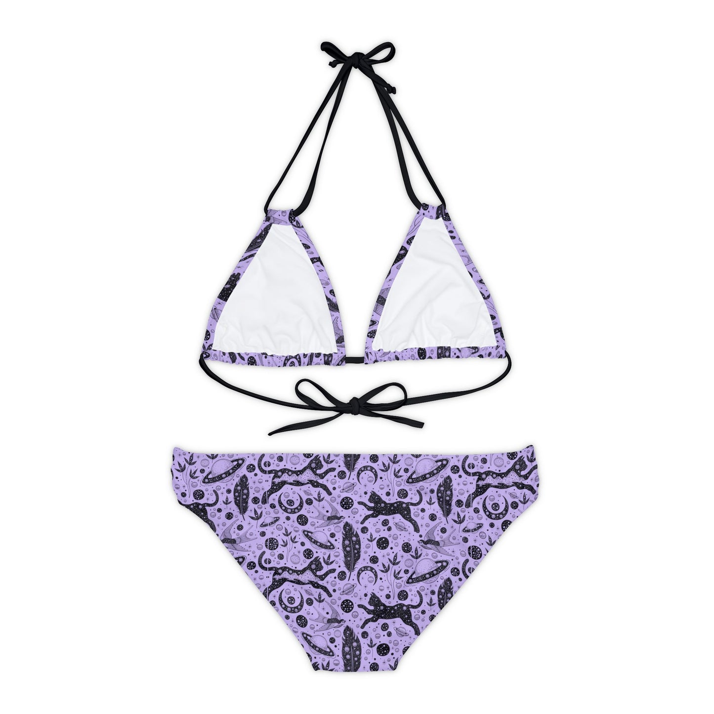 Black Cat Witchy Vibes Pastel Purple Strappy Bikini Set