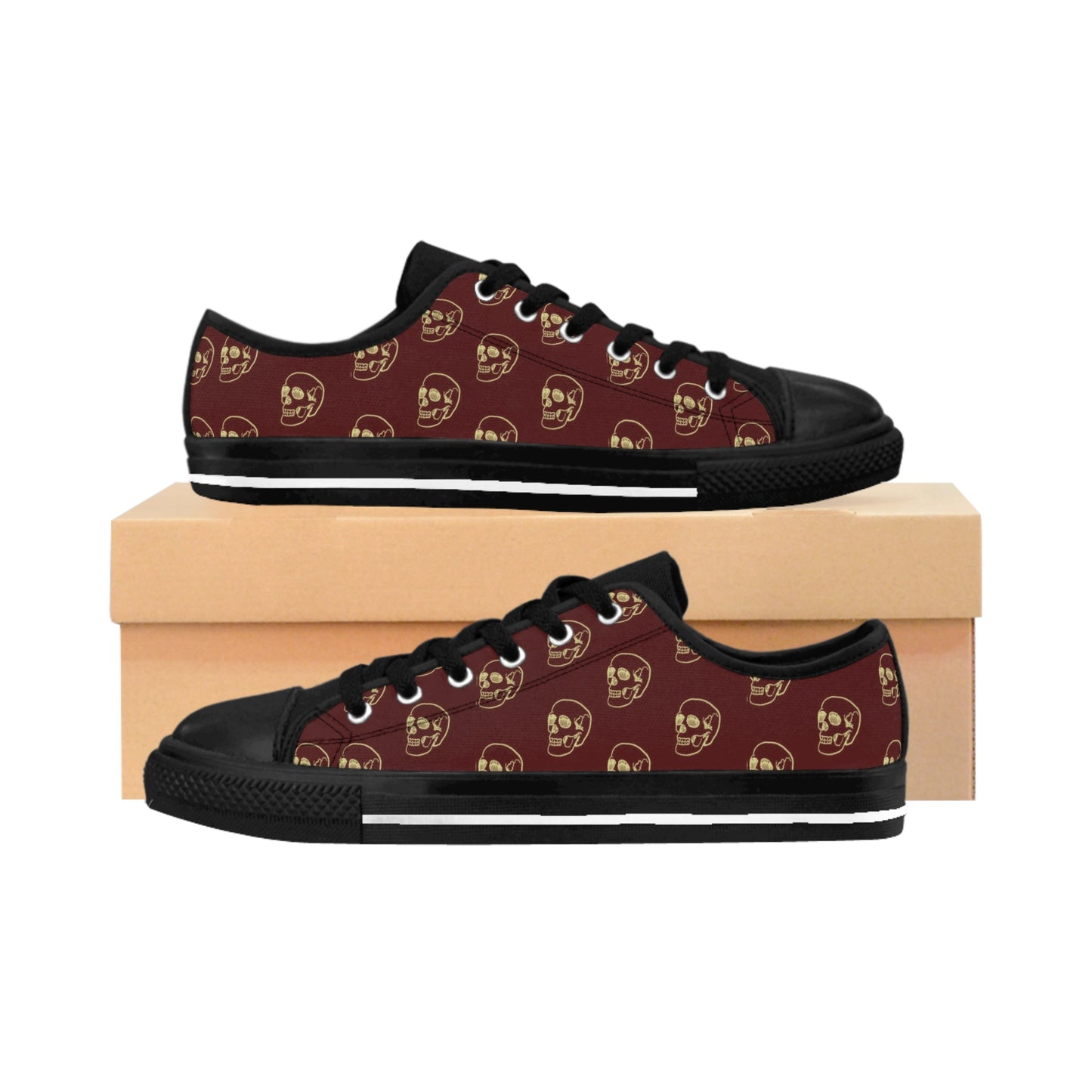 Skull Pattern Dark Brown Men's Low Top Sneakers