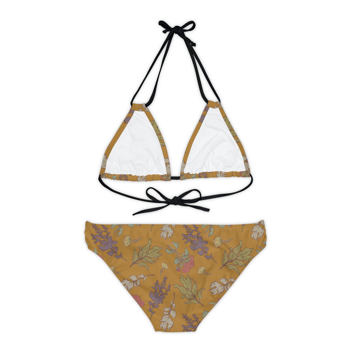 Mustard Yellow Floral Art Deco Strappy Bikini Set