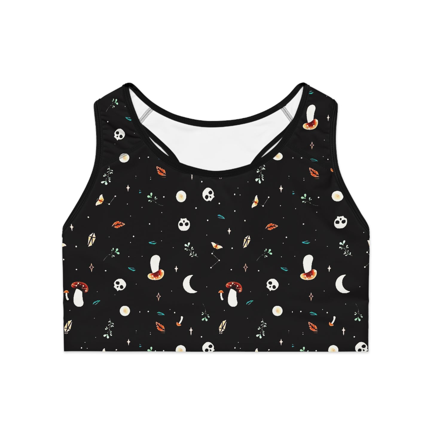 Skull and Mushroom Whimsical Themed Black Sports Bra