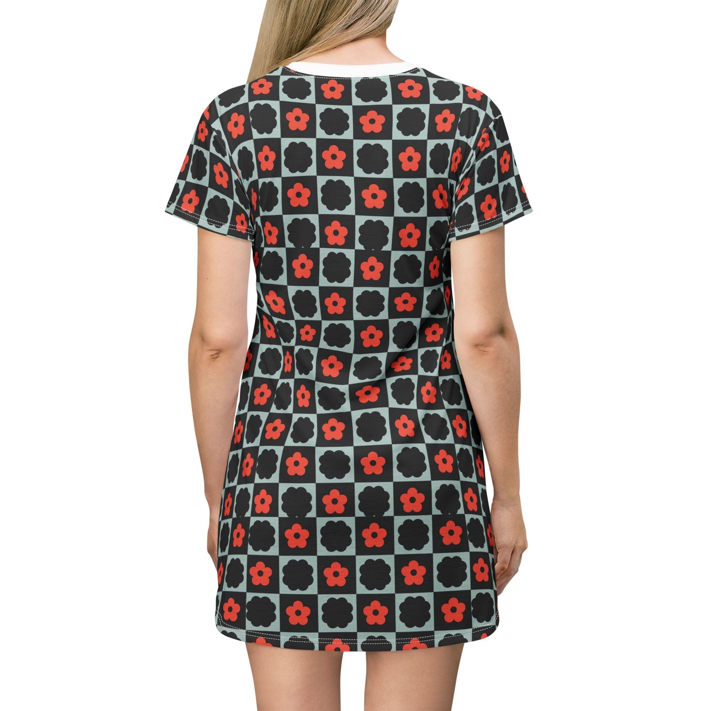 Teal Red Black Retro Plaid Y2K T-Shirt Dress