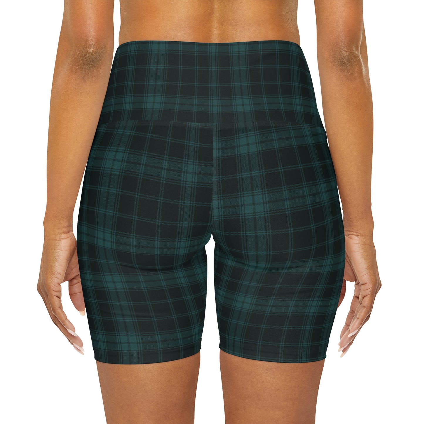 Dark Teal Blue Plaid High Waisted Yoga Biker Shorts