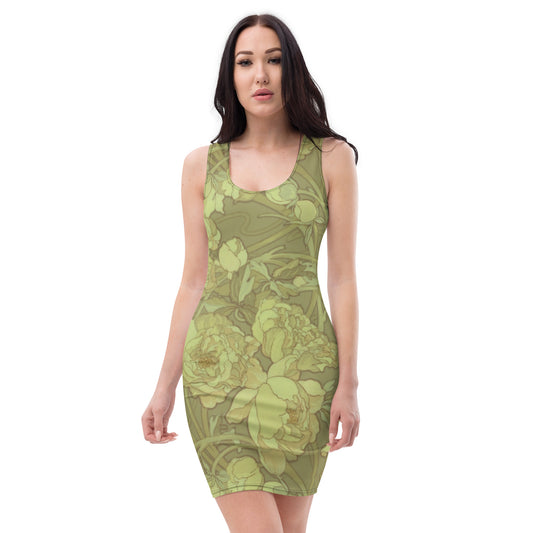 Art Deco Flowers Olive Yellow Green Bodycon dress