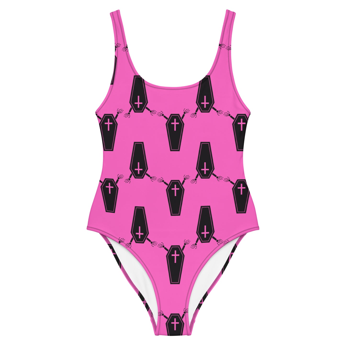 Black Coffins Hot Pink Goth One-Piece Swimsuit