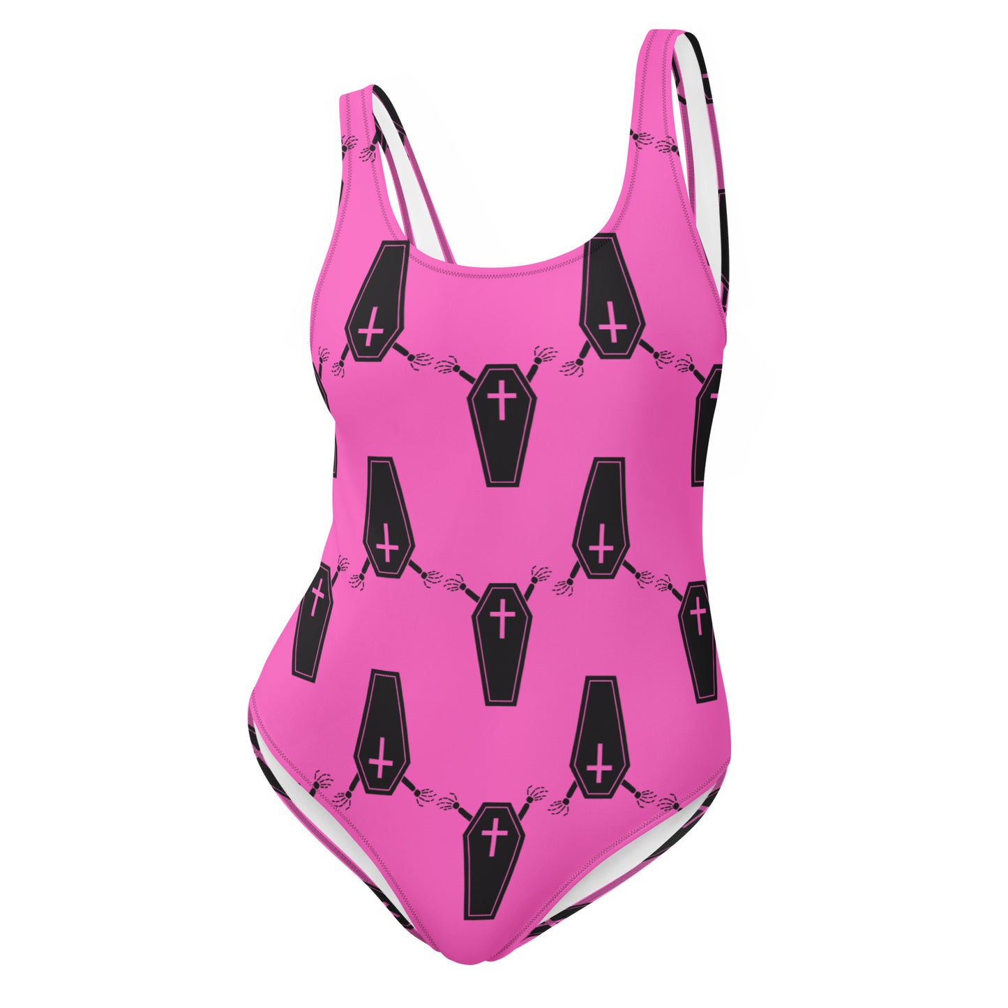 Black Coffins Hot Pink Goth One-Piece Swimsuit